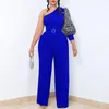 Ethnic Clothing One Shoulder Jumpsuits Women Vintage Elegant Diagonal Collar Printed Sleeve Belt Wide Leg Pants Party Club Lady Outfits 3XL