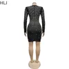 Abiti casual HLJ Nero Sexy Maglia Prospettiva Strass Aderente Party Club Abito Donna Profondo V Manica lunga Slim Abiti Moda Abbigliamento