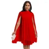 Etnik Giyim Yaz Sonbahar Şifon Düzenli Pelerin Mini Elbise Kadın Moda Sıradan Katı Yarım Yüksek Boyun Piled Parti Kulübü Düğün Kısa