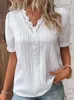 Blusas femininas verão decote em v renda retalhos manga curta blusa solta feminina lanterna camisa tops