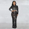 Långärmad mesh maxi bodycon elegant parti glittrande strass för födelsedagsklänning sexig klubb två styck uppsättningar kvinnors utflykter 240123