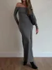 Abiti casual Abito lungo da donna con spalle scoperte Tinta unita Sexy manica grigia Fessura alta Backless Slim Elegante per l'estate