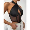 Kvinnors tankar Sexig Cross Halter Corset Bustier Mesh Bone Tank Topps Kvinnor Bindas upp Wrap Tube Backless Slim Fit Cut Out Front Crop Top