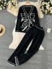 Nieuwe dames tweedelige broek Singrainy mode trui set lange mouwen gebreid vest met wijde pijpen los