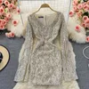 Casual Kleider Süße Stil Pailletten Patchwork Lange-ärmel Einfarbig A-linie Sexy frauen Hüfte Warp Kleid 2024 Herbst V-ausschnitt