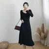 Casual Dresses Elegant Knitting Bodycon Dress Women Långärm Hög midja inslagen Autumn Winter Kvinnlig V-ringad tröja Vestidos T681