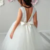 Girl Dresses White Fluffy Tulle Sleeveless Pearl Round Neck Flower Dress Wedding Cute Little Child Birthday Communion