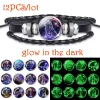 Bracelets 12 Pcs/lot Zodiac Bracelets Glow In The Dark Zodiac Sign Leather Braided Bracelet Luminous Constellation Snap Button Bracelet