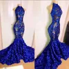 Royal Blue Mermaid Prom Dresses 2020 Sexy High Neck Sequin 3D Flowers African Black Girl Long Evening Ords Sweep Train Party DRES231W