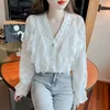 Frauen Blusen Koreanische Mode Mesh Spleißen Blütenblatt Hülse Frauen Tops Casual Dame Shirts Frau Shirt Weibliche Mädchen Lange Bluse 2