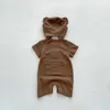 Im Sommer Kinder Baby Mädchen Jungen Kurzarm Waffel Patch Bär Säugling geboren Overalls Baumwolle Strampler Geschenk Hut mit Ohr 240122