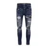 2023 Nieuwe High Street Trendy Merk Broken Skin Patch Elastische Slim Fit Distressed Deep Blue Jeans voor heren