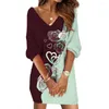 Casual Dresses Fall Mini Dress Floral Print V Neck For Women Loose Long Sleeve Spring Summer Poolover Over Kne Length Soft Wear