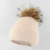 Berets Big Real Fur Pompom Beanie Hat Knitted Winter Cap Fleece Lining Warm Skullies Beanies For Women Men Bonnet