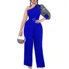 Ethnic Clothing One Shoulder Jumpsuits Women Vintage Elegant Diagonal Collar Printed Sleeve Belt Wide Leg Pants Party Club Lady Outfits 3XL