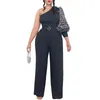 Ethnic Clothing One Shoulder Jumpsuits Women Vintage Elegant Diagonal Collar Printed Sleeve Belt Wide Leg Pants Party Club Lady Outfits 3XL