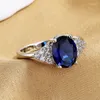 Cluster Rings Classic Royal Blue Stone Oval Zircon Wedding Bands Silver Color Women