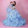 Robe mère et fille en Tulle à volants plissés Grossesse maille luxuriante à volants fête d'anniversaire robes en Tulle fente avant robes longues baby shower