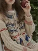 Malhas femininas suéter de natal vintage grossa malha de malha torcida contraste floral cor de cor de diamante de diamante solta
