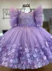 Girl Dresses Purple Puffy Flower Dress For Wedding O-neck Pearls 3d Applique Tulle With Bow Baby Princess Birthday Party Ball Gowns