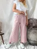 Pantaloni da donna 2024 Primavera Cotone Lino Lungo Nero Elastico in vita Bottone pieghettato Fondo femminile casual allentato