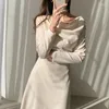 Casual Kleider 2024 Langarm Vintage A-Line Frühling Solide Apricot Frauen Kleid Party Hohe Taille Elegante Frau Luxus Herbst Slash neck