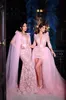 Розовые короткие платья для выпускного вечера со съемным шлейфом, V-образным вырезом и длинными рукавами, кружевные женские вечерние платья, Иллюзионное вечернее платье