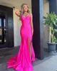 Hot Pink Formal Evening Dress Sexy Spaghetti Straps Satin Runway Prom Party Mermaid Gowns Lace Up Robe de Soiree