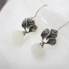 Boucles d'oreilles pendantes Authentique 925 en argent sterling boucle d'oreille incrustée de jade blanc naturel dame rétro charme style national longue boucle d'oreille bijoux