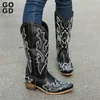 Stiefel GOGD Neue mittelhohe Westernstiefel, modische Damen-bestickte Cowboy-Cowgirl-Stiefel, spitze Zehen, dicke Absätze, mittelhohe Reitstiefel, L2401