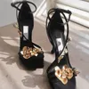 Luxury Sandal 3d Floral Gold Orchid High-heeled Shoes For Women Early Spring Summer Women New Square Toe With Sandals Silk Evening Best Single Shoes