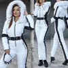 Womens Two Piece Winter Jumpsuit Women White with Black Insert Ski Suits Comfy Hooded Faux Fur Jacket Fashion Warm Female Pants Suit Sets