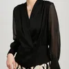 Camicette da donna Elegante Autunno Donna Abbigliamento nero Vintage Casual Manica lunga Scollo a V e camicie Moda Basic Top Femme