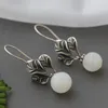 Boucles d'oreilles pendantes Authentique 925 en argent sterling boucle d'oreille incrustée de jade blanc naturel dame rétro charme style national longue boucle d'oreille bijoux