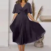 Casual Kleider Frauen Sommer A-Line Midi Lose Halbe Hülse Hohe Taille Solide Flowy Büro Damen Kleid Elagant V-ausschnitt party Lange