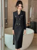 Casual Dresses Fashion Elegant Midi Dress Women's Professional Business Style Long Sleeve Double Breasted Slit Robe Office Lady Work