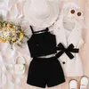 Clothing Sets Girls Summer Outfit Fashion Kid Children Solid Color Tank Tops And Elastic Shorts Belted Vest Coat Hat 4pc