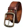 أحزمة Men's Vintage Luxury Brass Boxle Belt عالية الجودة قوية من الجلد الأصلي المصنوع يدويًا جينز بني غير رسمي