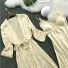 Women's Sleepwear Lingerie Women Silk Lace Robe Dress Nightdress Kimono Set Rose For Nightgown Bathrobe Ropa De Mujer