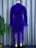 Casual Dresses Blue Sequined Women Fringe Christmas Party Dress Long Feather Sleeve Glitter Velvet Slim Tassel Hem Evening Cocktail Event