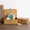 Ins Storage Baskets with Lid Rectangle Seaweed Weaving Box Clothes Laundry Basket Sundries Storage Box Household Tidy Organizer 240125