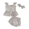 Kläder sätter mode sommarfödd baby flicka kläder set ruffle ärmlösa tank tops blommor tryck shorts pannband spädbarn 3 st.