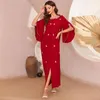 Etniska kläder Red Black Summer Marockan Caftan Dubai Luxury Women's Fashion Dress Abaya Ramadan Muslim Arab Turkiet Jersey Lady Robe Long Long