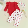 Kläder set MA Baby 0-18m Valentine's Day Nyfödda Baby Girl Cloths Set Knit Romper Heart Print Pants Pannband Spädbarn Toddlerutrustning D05