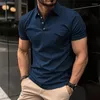 Polos pour hommes Casual solide tricoté polos hommes classique col rabattu boutonné pull t-shirts pour hommes vêtements d'été à manches courtes