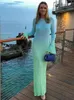 Vestidos casuais feminino moda gradiente manga longa maxi vestido elegante o pescoço magro 2024 verão mulheres praia festa vocação vestidos
