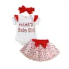 Kledingsets Baby Meisjes 3-delige outfit Korte mouw Letters Print Romper met hart Tule Rok Hoofdband Zomer