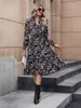 Basic Casual Dresses Women Full Sleeve Floral Print V-neck Casual Dress A-Line Knee-Length High Waist Spring Autumn Winter T240129