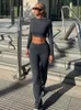 Calças femininas de duas peças Absobe Lazer Dobre Calças Terno Mulheres Tripulação Manga Longa Slim Crop Top Flare Calças Esportes Conjunto Causal Hottie Outono Streetwear T240129