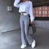 2023 Autumn and Winter Women's Two Piece Office Simple Solid Polo Collar Long Sleeved White Top Grey Pants Set Black Elegant Y2K 240129